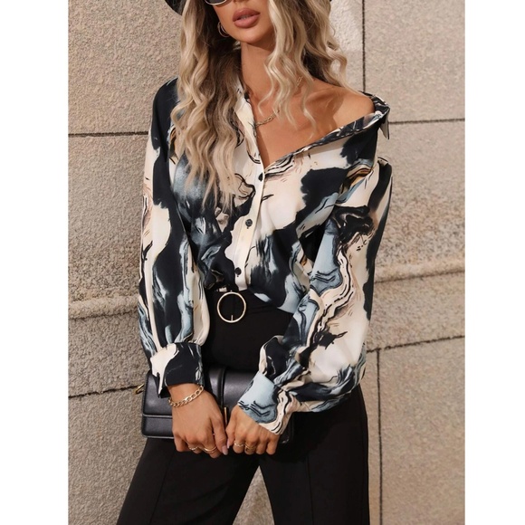 Marble Print Button Down Collared Long Sleeve Shirt Top Gray Beige - Picture 3 of 10